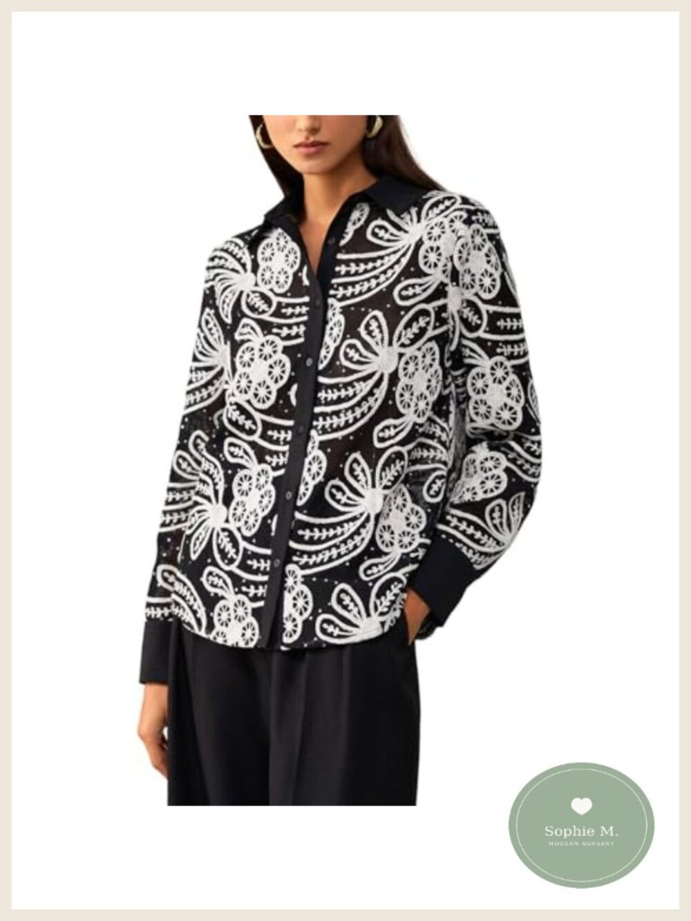 HERYEA Women's Long Sleeve Collared Eyelet Embroidery Sequin Blouse, Sheer